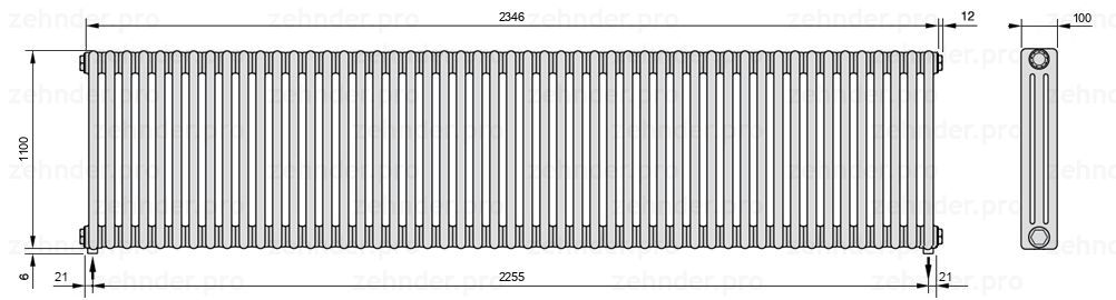 Схема (чертеж) Радиатор Zehnder Charleston 3110/51 №5310 Белый глянцевый RAL 9016